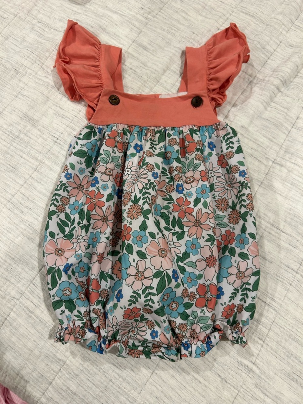 Coral Floral Bubble Romper Dress for Kids